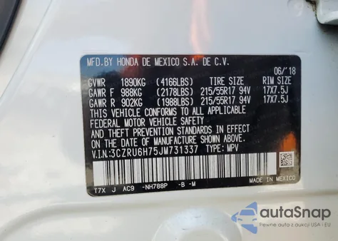 2018 Honda Hr-V Exl из США, поврежденный, VIN 3CZRU6H75JM731337